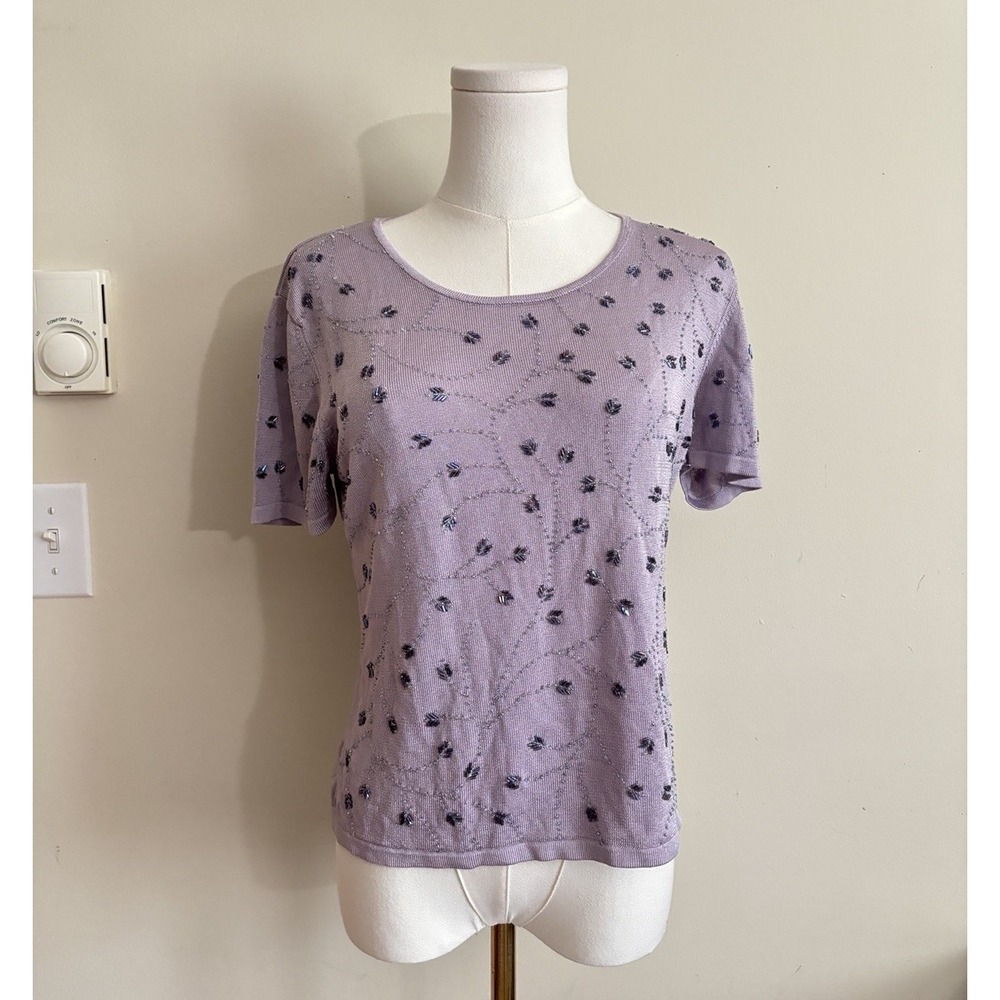 Jones New York Womens Small Beaded Purple Top Y2K Fairycore 2000s Stretch Knit